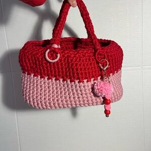 Red and Pink Handmade Crochet Women's Bag